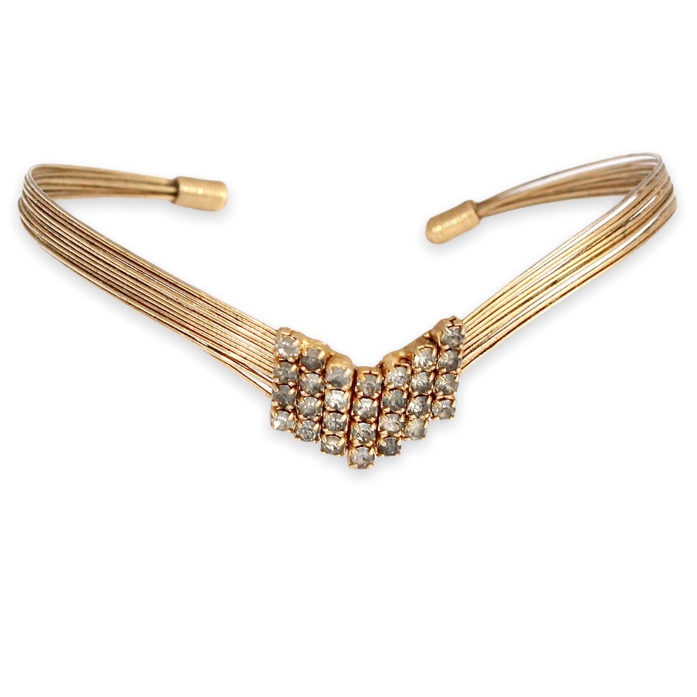 Vintage Rhinestone Chevron Cuff Bracelet Gold Tone Multi-Strand Wire Estate